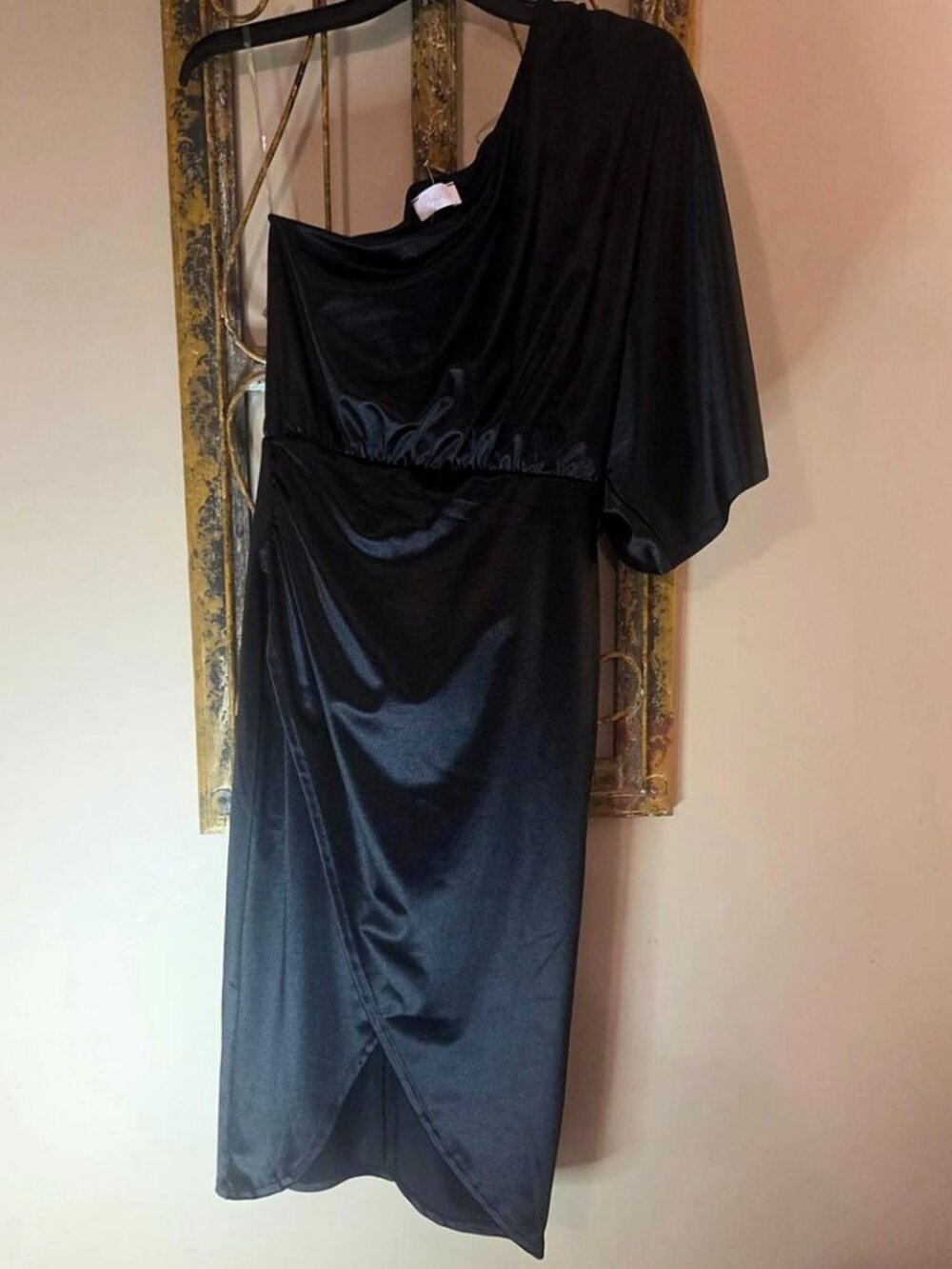 Pink Lily Black Satin One Shoulder Dress Flutter Sleeve Tulip Hem Size M